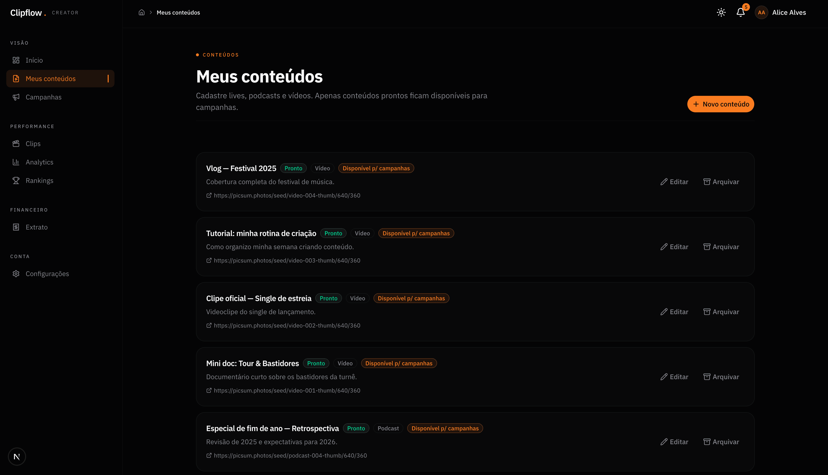 Painel de campanhas do creator